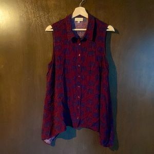 ModCloth Red and Navy Elephant Button Up Sleeveless Top